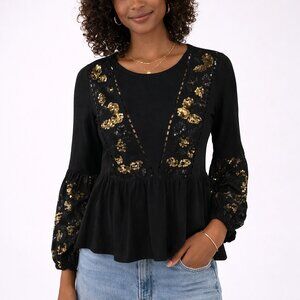 Anthro Neale Black Gold Sequin Peplum Top Boho Pintuck Blouse XS